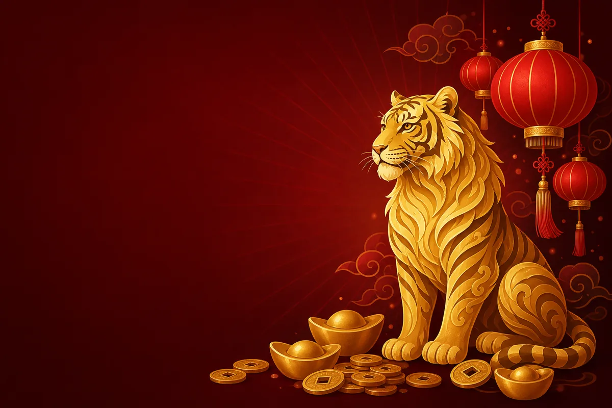 Tigre dourado estilizado entre lanternas vermelhas, capa do guia dos jogos Fortune da PG Soft
